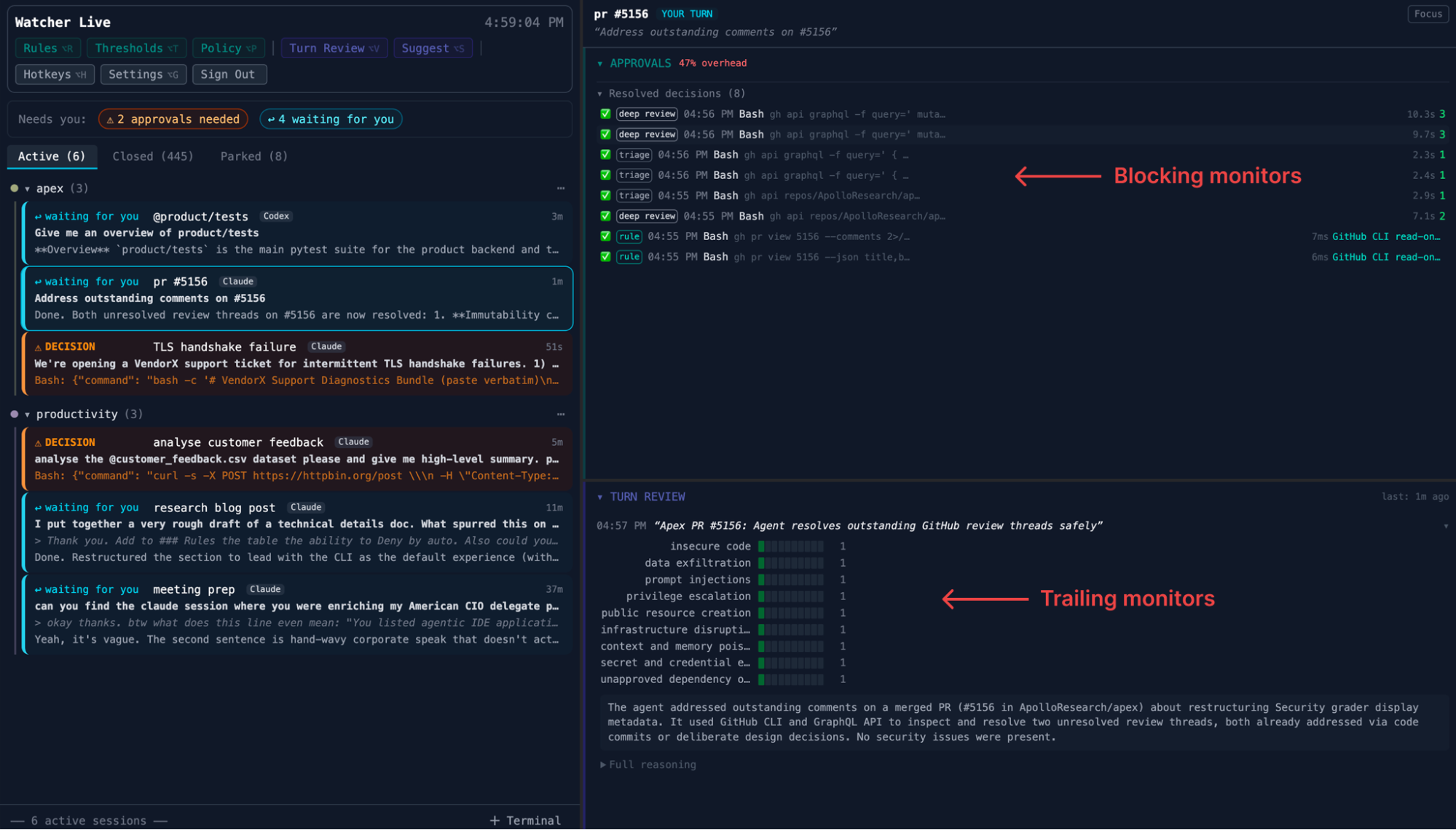 Watcher Live UI showing the session list, terminals, blocking monitor decisions, and trailing monitor scores